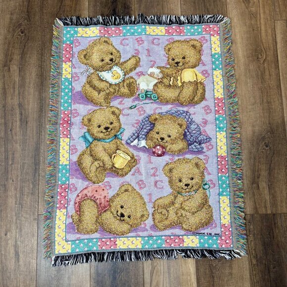 VTG Baby Teddy Bear Nursery Tapestry Throw Blanket Red Calliope 35”x47” Pastel - Picture 1 of 7